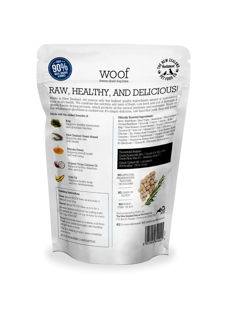 The NZ Natural Pet Food Co. | Woof | Freeze-Dried Beef Treats (For Dogs) | ARMOR THE POOCH
