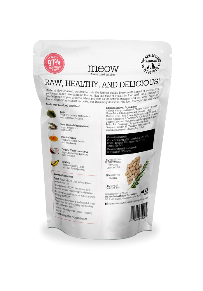 The NZ Natural Pet Food Co. | meow | Freeze Dried Chicken & King Salmon Treats (For Cats) | ARMOR THE POOCH